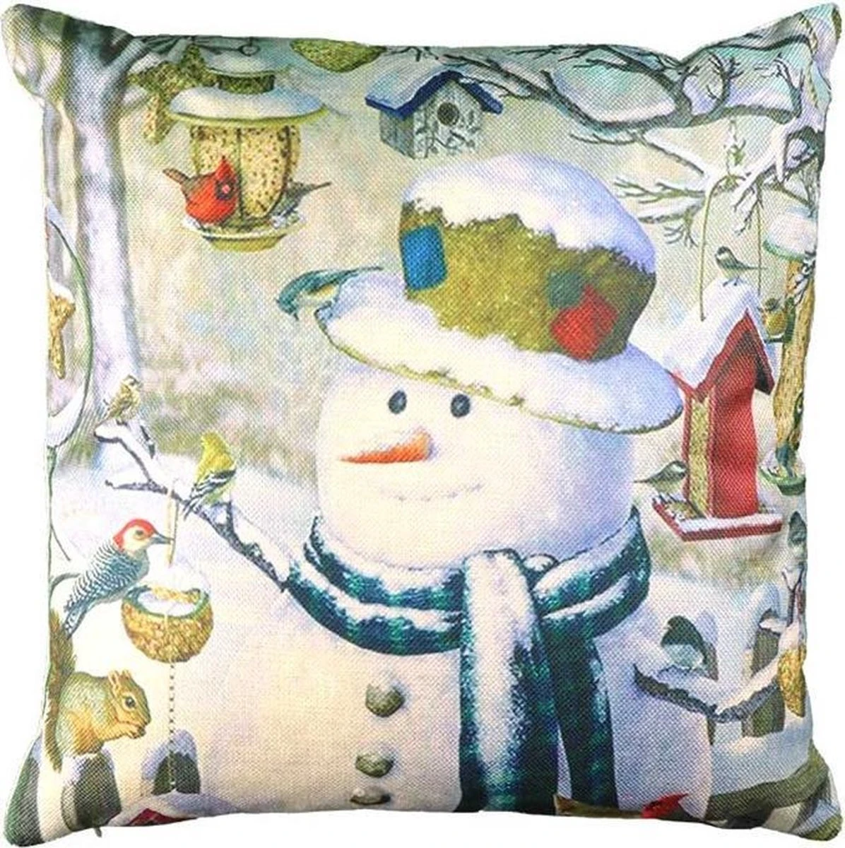 Unique Living Kerst - Kussen - Sneeuwpop Met Vogeltjes 1 Unique Living Kerst - Kussen - Sneeuwpop Met Vogeltjes
